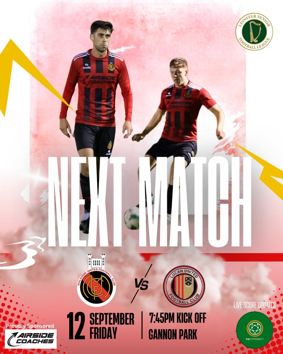 🔴⚫️ UPCOMING MATCH 🔴⚫️
Our Senior Sunday team are back under the lights this Friday night as they return to league action!
We take on <a href="/lucanunited/">Lucan United FC</a> in what’s set to be a cracking game! ⚽
📍 Malahide United vs Lucan United 
🕒 Kick-Off: 7:45
🏟️ Gannon Park 
🔥 KIDS GO FREE!