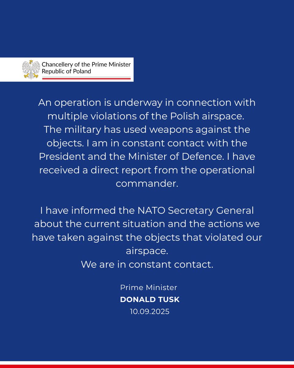 Statement by 🇵🇱 Prime Minister <a href="/donaldtusk/">Donald Tusk</a> on the violations of the Polish airspace: