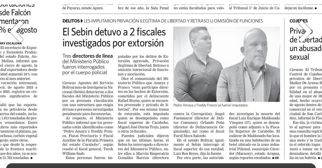 #ÚltimoMinuto El Sebin interroga a tres directores de línea del Ministerio Público: Marvin Emperatriz González Barrios (Corrupción), Angel Fuenmayor (Delitos Comunes) y Orlando Peña (Delincuencia Organizada), así como al fiscal Farid Mora Salcedo, revelaron fuentes judiciales