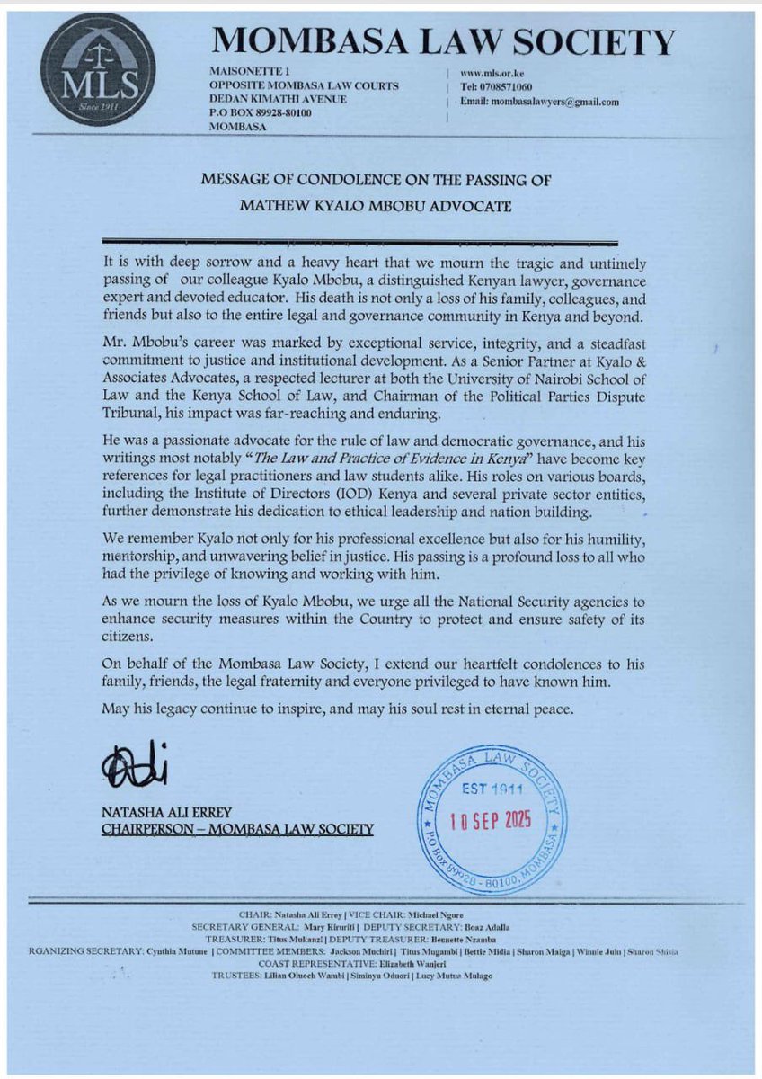 We deeply mourn the untimely passing of our colleague, Mathew Kyalo Mbobu Advocate. May his soul rest in eternal peace. 🕊️ #MombasaLawSociety