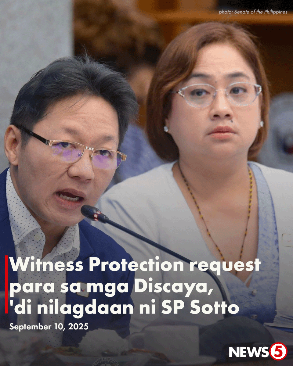 News5PH's tweet photo. 'UNFAIR SA MGA KABABAYAN NATIN 'YON'
Hindi nilagdaan ni Senate Pres. Tito Sotto ang request ni dating Senate Blue Ribbon Committee chairperson Sen. Rodante Marcoleta para ilagay ang mag-asawang Sarah at Curlee Discaya sa Witness Protection Program.
Hiniling ito ni Marcoleta para sa kaligtasan at seguridad ng mag-asawa kasunod ng kanilang testimonya sa umano'y anomalya sa flood control projects.
"Hindi naman puwedeng makakuha sila ng proteksyon ng gobyerno pero ang dami nilang nakuhang pera ng bayan... Ang kailangan para maging state witness ka, ibalik mo ang ninakaw mo, magsabi ka ng totoo," paliwanag ni Sotto.