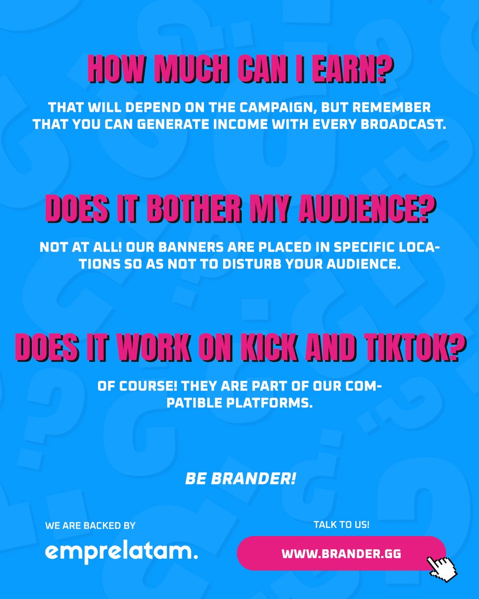 💡Want to monetize your stream with Brander?
Here are the 3 most asked questions:
➡️ How much can I earn?
➡️ Will it bother my viewers?
➡️ Does it work on Kick &amp; TikTok?

Swipe 👉 to find out.
Be Brander!
#FAQBrander #StreamerChile #MonetizeYourStream #BranderGG