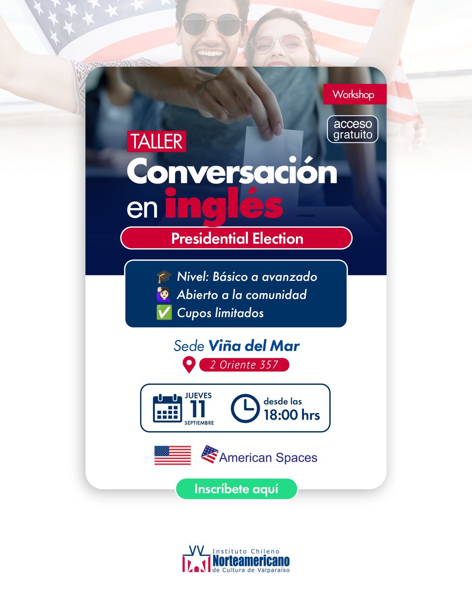 NORTEAMERICANOV's tweet photo. 🗳️🇺🇸 ¿Quieres practicar tu inglés conversando sobre temas actuales?
Te invitamos a nuestro Taller Gratuito de Conversación en Inglés con Alexander Rosenthal, voluntario de EE.UU.
📅 Jueves 11 de septiembre | 🕕 18:00 – 19:00 hrs
📍 Sede Viña del Mar https://t.co/MMhwdINexq
