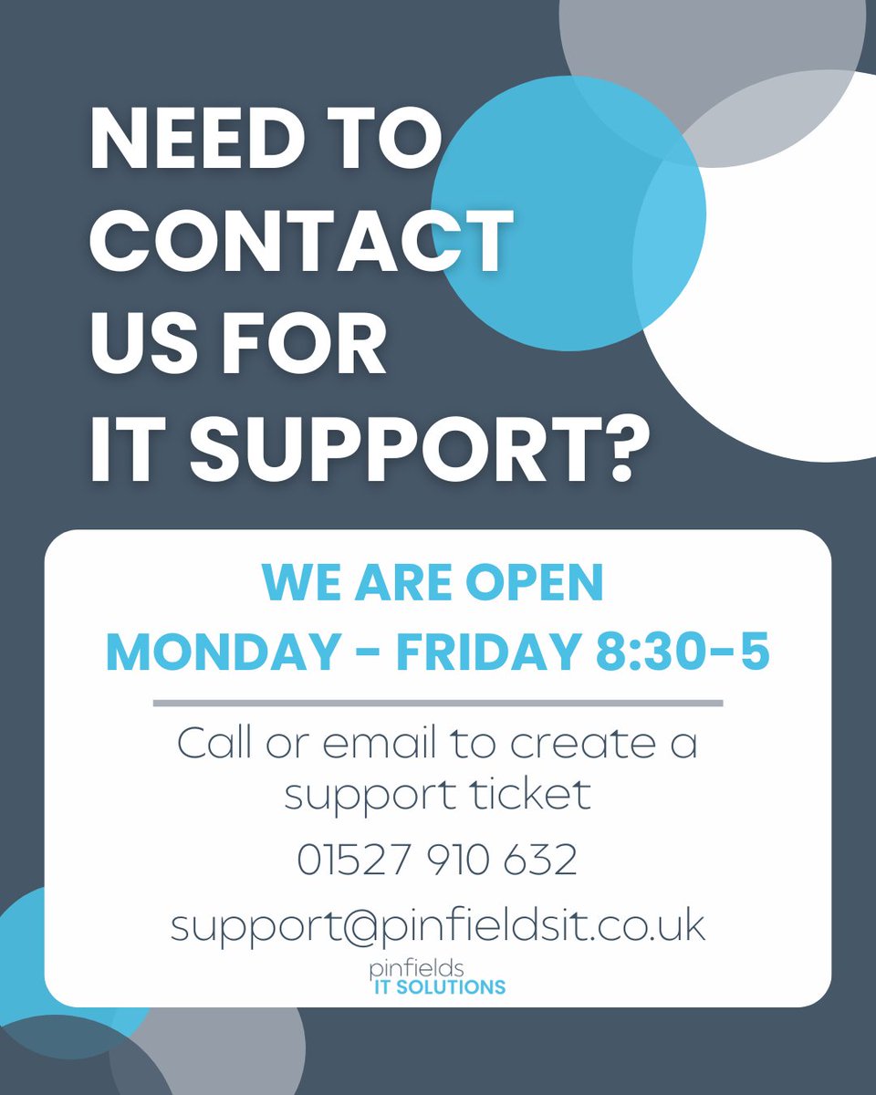PinfieldsIT's tweet image. Our helpdesk team are on hand to assist with any IT issues Monday to Friday between 8:30am and 5pm.

Email a summary of your issue to support@pinfieldsit.co.uk to raise a support ticket or call 01527 910 632 if you need support urgently.

#ITSupport #raiseaticket #contactus