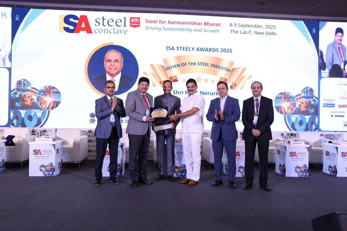 ISAsteelcon's tweet photo. Honouring legacy! 🏆 Mr. H.M. Nerukar receives the ‘Doyen of the Steel Industry’ award at #SteelConclave2025 for his remarkable contributions and leadership in shaping India’s steel sector. @SteelMinIndia @hd_kumaraswamy @steel_indian @ISAsteelcon https://t.co/dSltz9TjEy