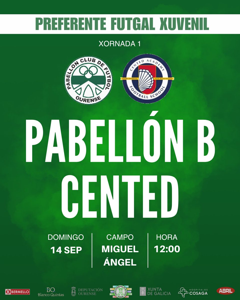 pabelloncf's tweet photo. 𝐗𝐔𝐕𝐄𝐍𝐈𝐋 𝐁 ⚪️🟢
🆚 Cented Academy
🏟️ Miguel Ángel-Os Remedios
🗓️ Dom. 14 de setembro
🕘 12:00 horas
🏆 X1 Preferente Futgal Xuvenil
#forzapabe #adnpabe #SomosPabe #futbolbase #futbol https://t.co/MUYGYzVRmj