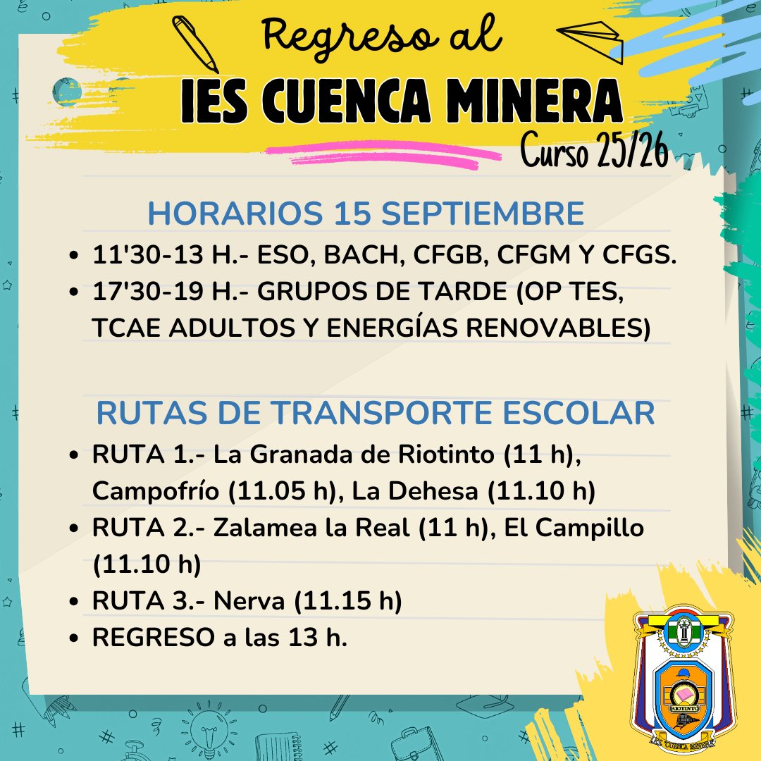 🎒 𝗩𝗨𝗘𝗟𝗧𝗔 𝗔𝗟 𝗜𝗘𝗦𝗖𝗠 𝗖𝗨𝗥𝗦𝗢 𝟮𝟱/𝟮𝟲 |
Ñ
A partir del día 16 comienzan las clases con el horario habitual. 

Atención: a partir del dia 22 de septiembre todos los usuarios del transporte escolar tienen que tener su carnet correspondiente de transporte.
