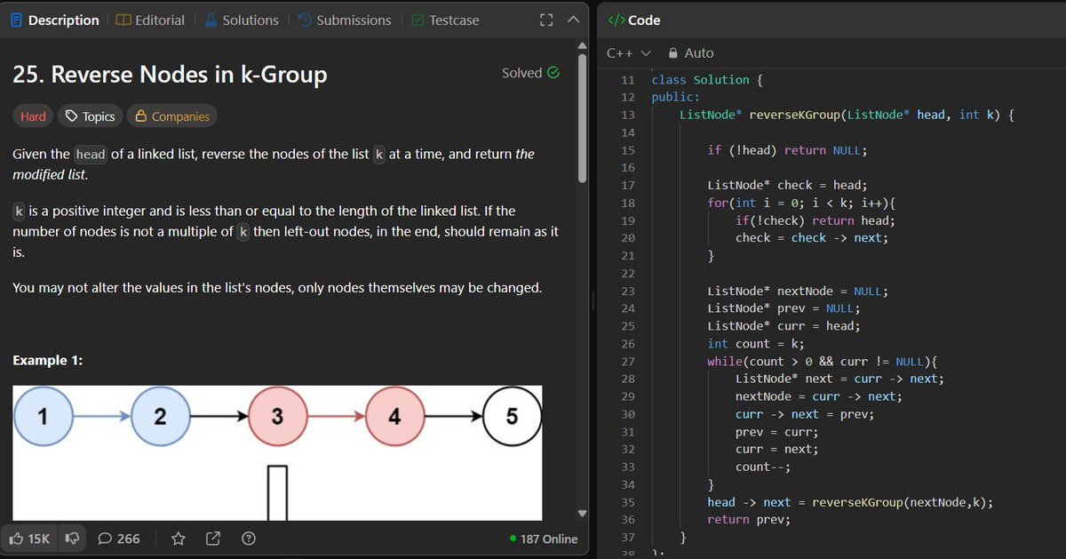 manviCodes's tweet image. ✅Day - 5 of #100DaysOfCode 
Linked List revision
🔹#LeetCode Q25 Reverse Nodes in K group
🔹 #gfg Delete N nodes after M nodes of a Linked List
#buildinpublic #programming #connect #letsconnect