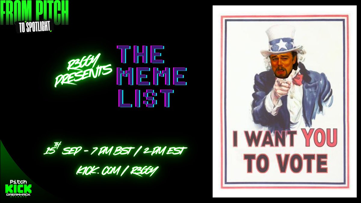 Having a bad day ☹️

Let me sprinkle some laughing dust while we celebrate the best part of Internet culture....MEMES 😼

Reggy Presents - The Meme List 🎉 

📅 15th - 26th September / 7pm BST (2pm EST)

👉🏽 kick.com/R3GGY

#PitchKick #viral <a href="/KickStreaming/">Kick</a> <a href="/KickCommunity/">Kick Community</a>