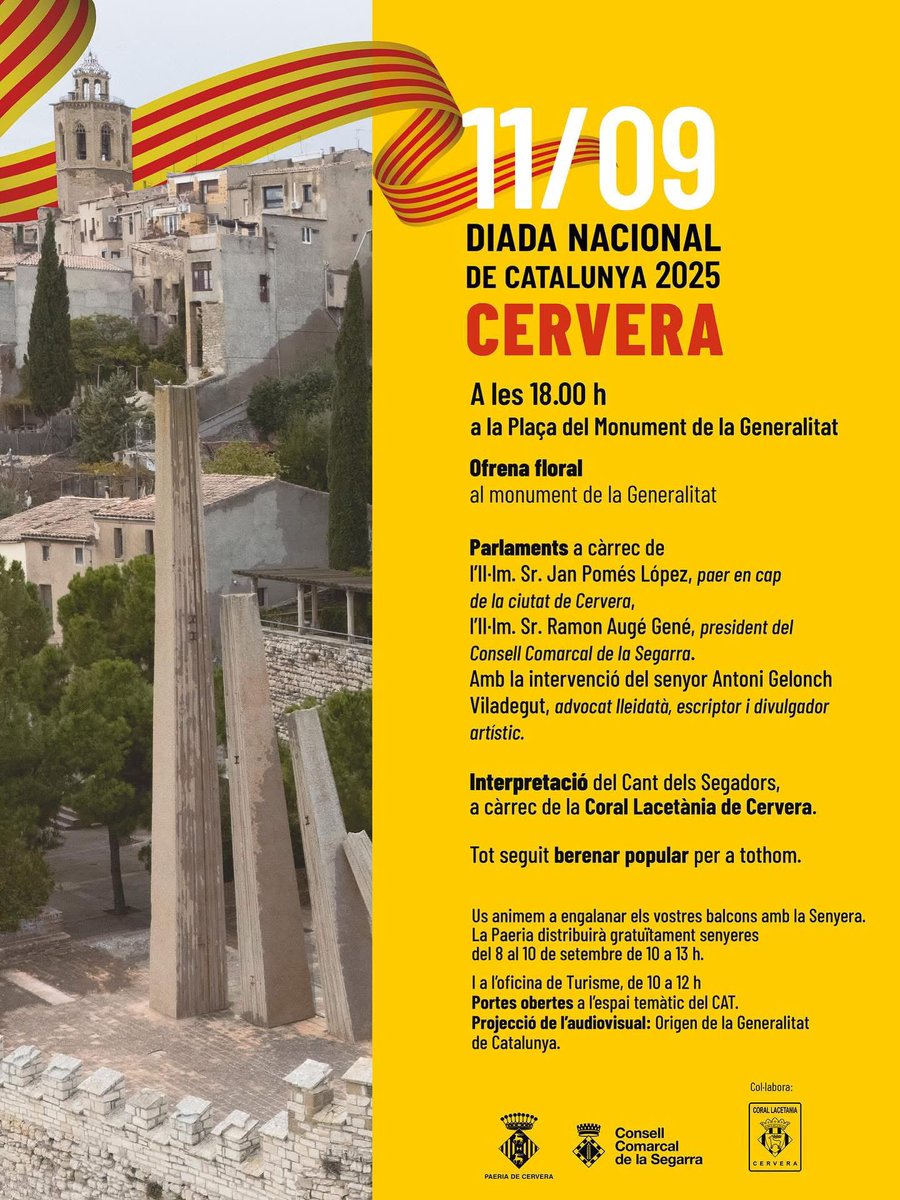 Horitzons2050's tweet photo. DIADA! El president de la Fundació Horitzons 2050, @Antoni_Gelonch farà demà el parlament de la Diada Nacional de Catalunya a Cervera, organitzat per la @paeriacervera i el @ccsegarra
A partir de les 18h a la plaça del monument a la Generalitat. Us hi esperem! #horitzons #diada https://t.co/5AwRZq1HKK