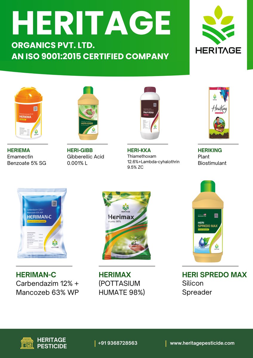 HPesticide6430's tweet image. 🌱 Heritage Organics Pvt. Ltd. – An ISO 9001:2015 Certified Company 🌿
हम लाए हैं आपकी फसलों की बेहतर वृद्धि और सुरक्षा के लिए trusted agro solutions
🌐 heritagepesticide.com
Hashtags:
#HeritageOrganics #CropProtection #AgroSolutions #Pesticides #Fertilizers #PlantGrowth