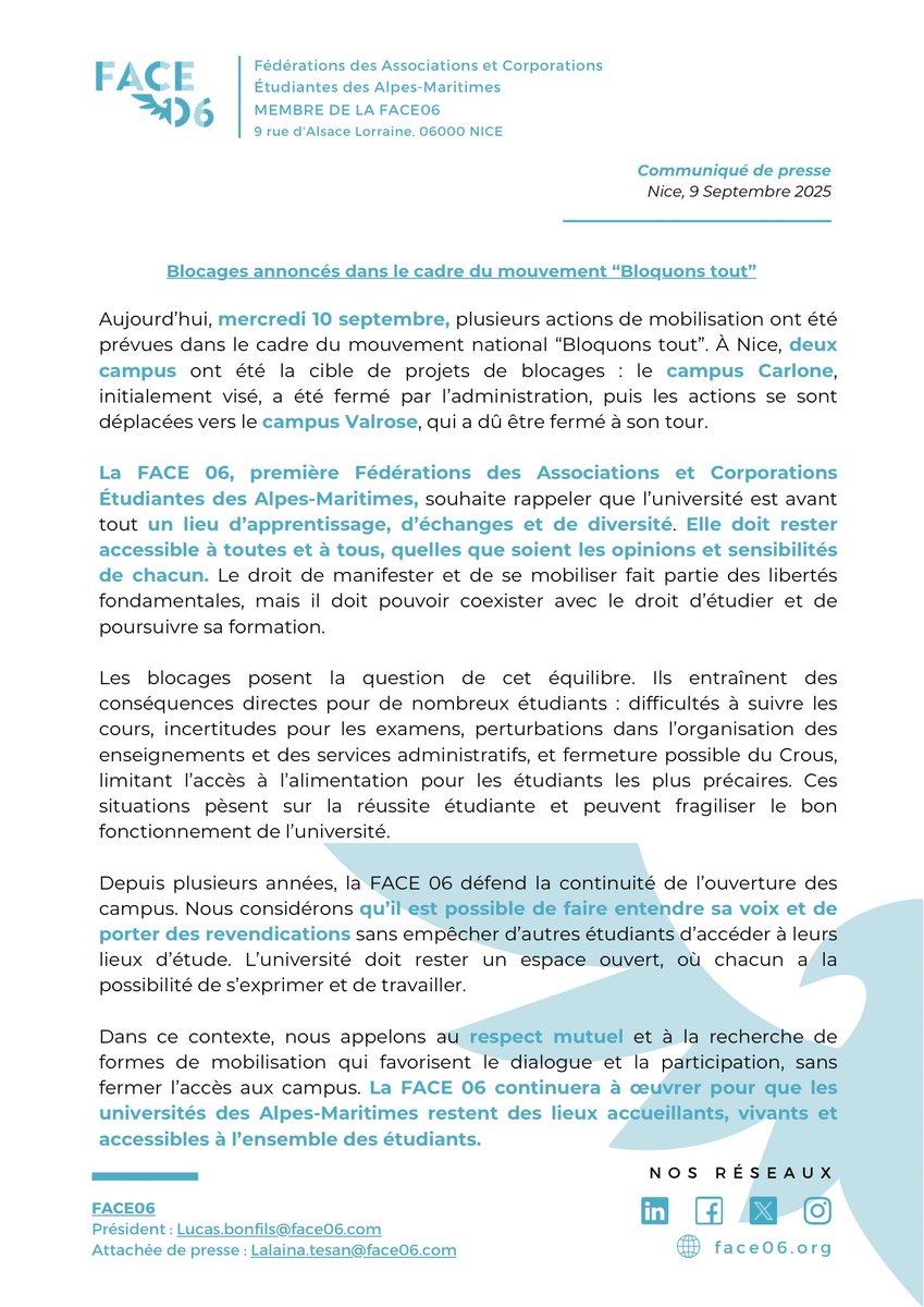 📢 La FACE 06 publie son communiqué concernant les blocages annoncés ce mercredi 10 septembre, dans le cadre du mouvement national « Bloquons tout ».

#Étudiants #Université #BloquonsTout