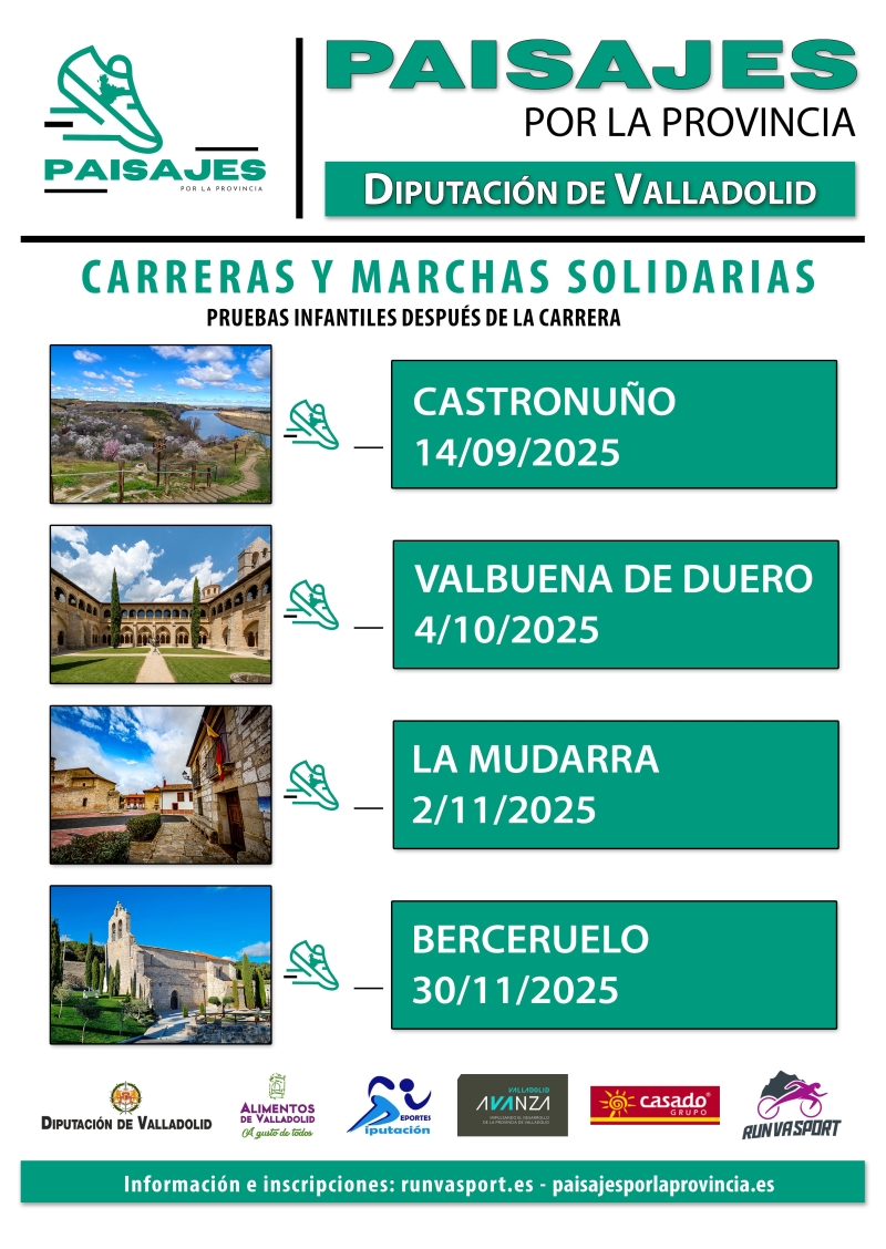 🏃‍♂️ ¡Vuelve el circuito ‘Paisajes por la provincia’!

📍 Primera cita: Castronuño
🗓️ Domingo, 14 de septiembre
🕚 Adultos: 11:00 | Infantiles: 12:15

✅ Recorridos de 6 a 9 km
🎗️ Inscripciones en: paisajesdelaprovincia.es y en runvasport.es .
💚 A beneficio de