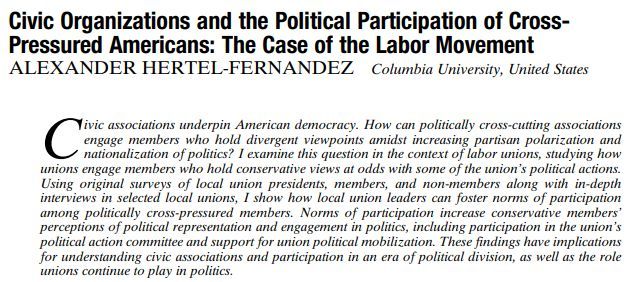 From our latest issue: "Civic Organizations and the Political Participation of Cross-Pressured Americans: The Case of the Labor Movement" by Alexander Hertel-Fernandez. cambridge.org/core/journals/…
