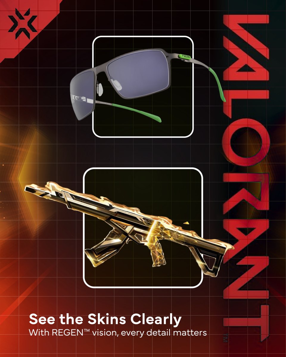 RegenOptics's tweet photo. VALORANT just dropped fresh skins 🔥
New voicelines, new vibes, new flex.
But the real question is… how are you seeing them? 👀
With REGEN™ Glasses, colours pop and long sessions stay sharp + comfy. 👓👉 https://t.co/FNIMmS5rNz
#VALORANT #AgentUpdate #REGEN https://t.co/N7BSUsnAGY
