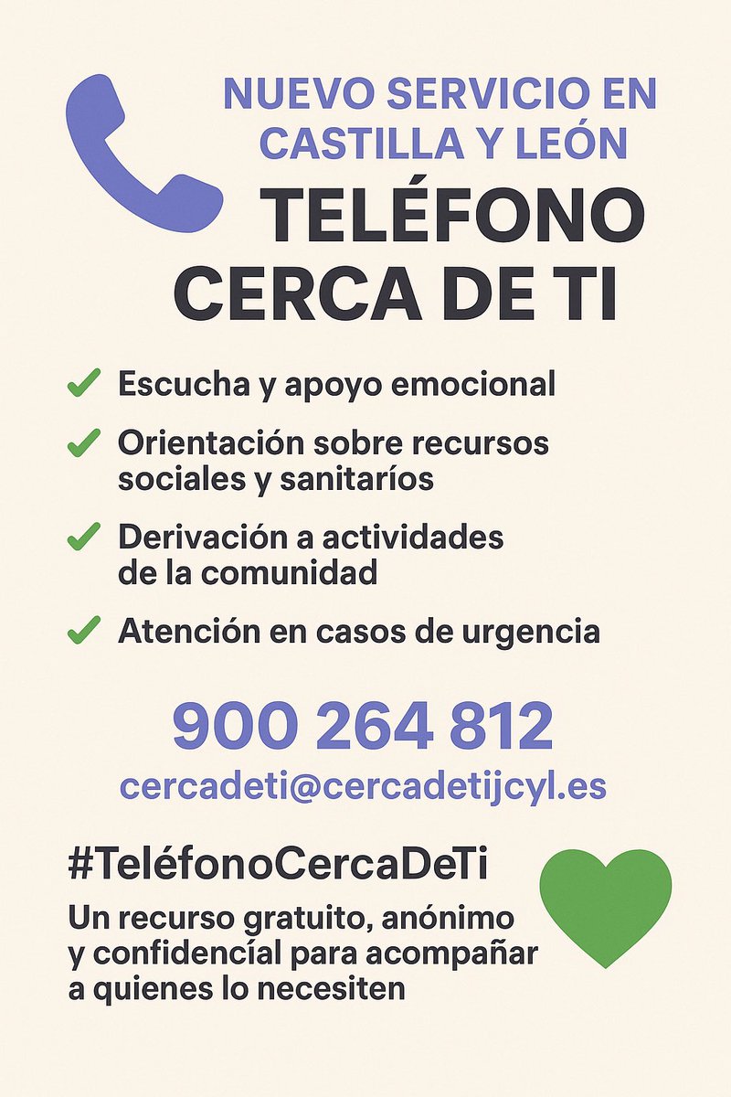 📞 En Castilla y León ya está disponible el #TeléfonoCercaDeTi: gratuito, anónimo y confidencial.
👉 900 264 812 | cercadeti@cercadetijcyl.es

Un recurso para acompañar a quienes sufren soledad no deseada 💚

#CastillaYLeón #SoledadNoDeseada #ApoyoEmocional