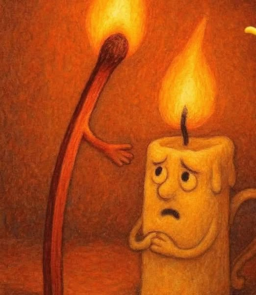 - Hoy te voy a encender — dijo el cerillo.
La vela, asustada, respondió:
- ¡No! Si me enciendes, me consumiré. 
 Mis días estarán contados…

El cerillo guardó silencio unos segundos y luego preguntó:
-  ¿De verdad quieres pasar toda tu vida así? Dura, fría… y sin haber brillado