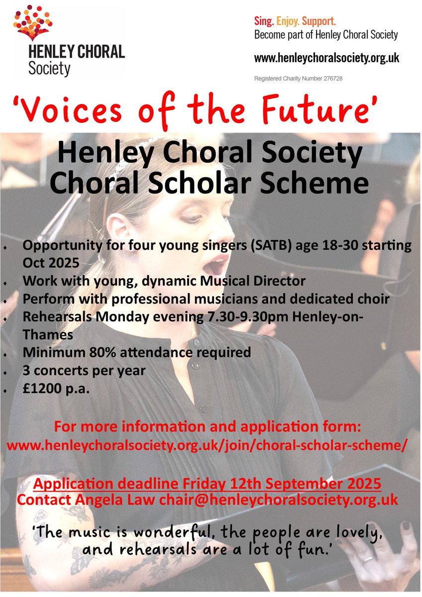 Applications close Friday 12th for our paid Choral Scholar Scheme for four singers aged 18-30. Work with a professional musical director and develop repertoire with possible concert solos and conducting and choir coaching skills. #choralscholars Details henleychoralsociety.org.uk