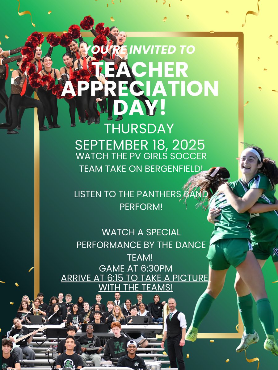 Teacher Appreciation Day! Watch the PV Girls Soccer team take on Bergenfield. There will be a special performance by our Dance Team!