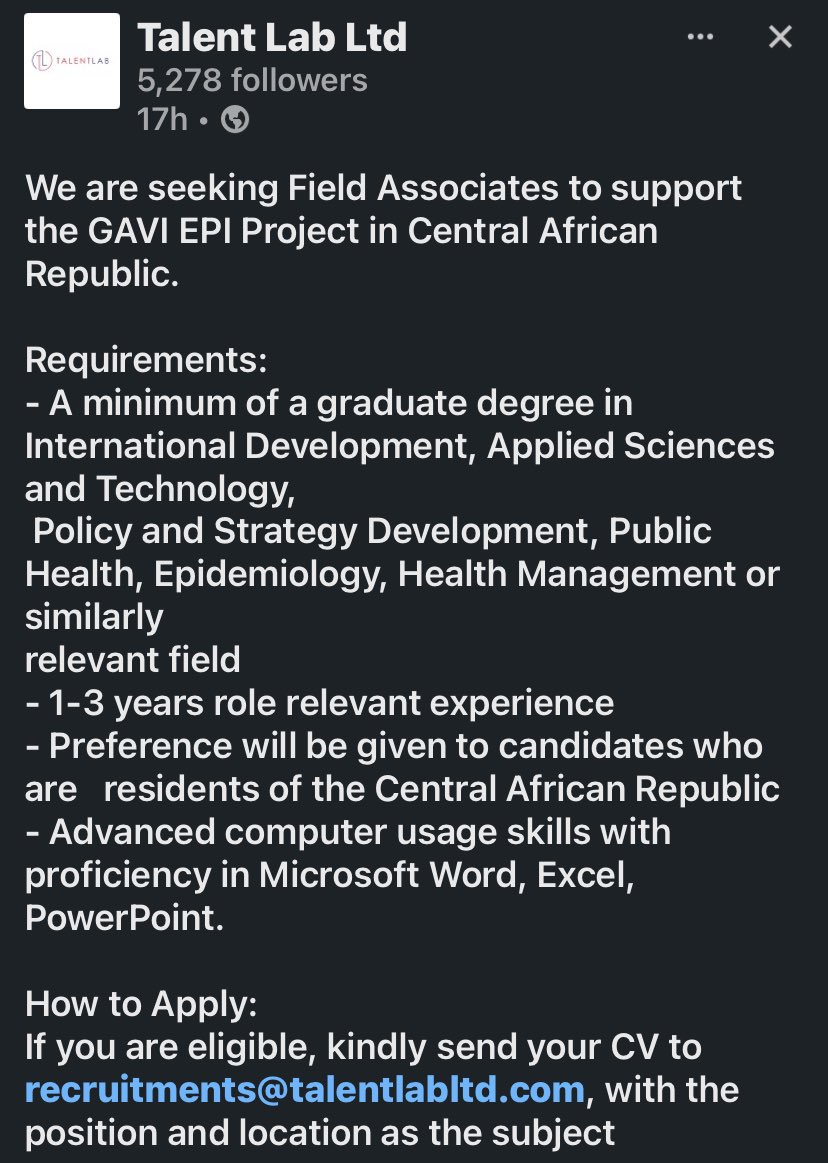 The Talent Lab is recruiting Field Associates for those with a degree in International Development, Applied Sciences and Technology, Policy and Strategy Development, Public Health, Epidemiology, Health Management or similarly relevant fields.