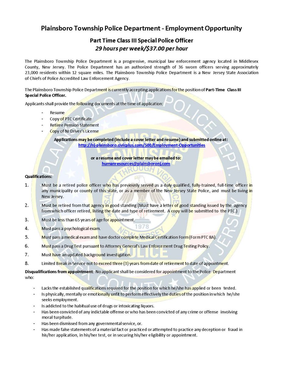 Career Opportunity

Plainsboro Township Police Department
Part-Time Class III Special Police Officer

Assigned within the Plainsboro Township school system