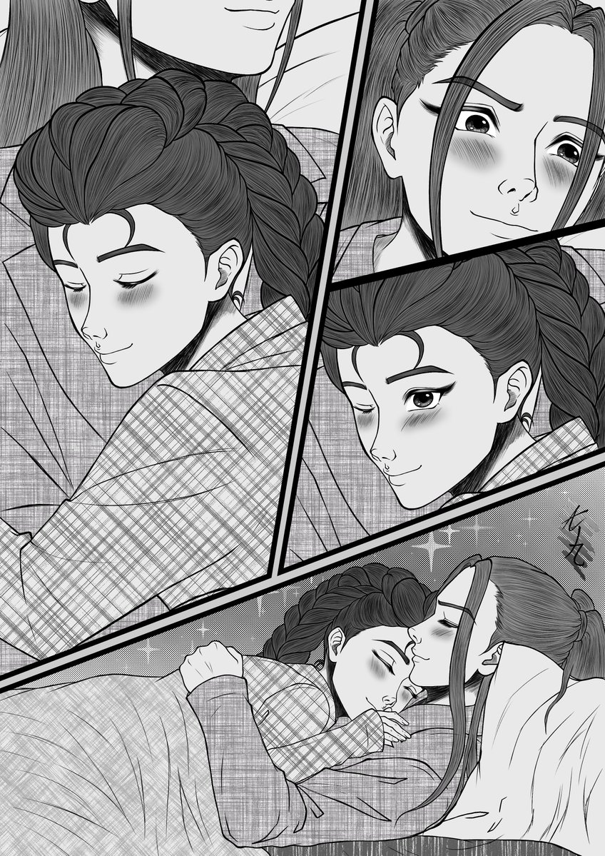 Manga page of #Rumira sleepping on eachother arms 😊 #KPOPDEMONHUNTERS #Rumi #Mira