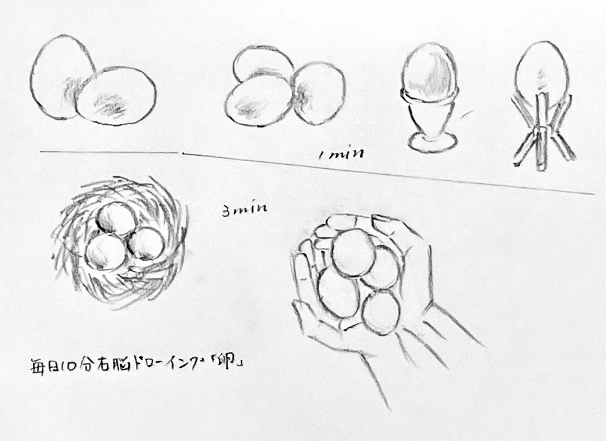 #毎日右脳ドローイング「卵」
#日々描く
ありがとうございます。

今回は輪郭を追うだけで精一杯。
卵らしい丸みを出すには時間が必要ですね🥚。