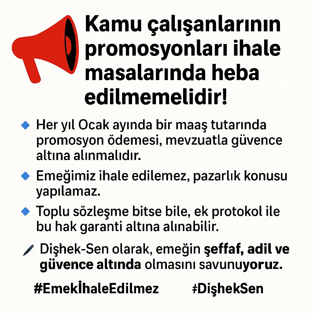 📢 Kamu çalışanlarının promosyonları ihale masalarında heba edilmemelidir!
🔹 Her yıl Ocak ayında bir maaş tutarında promosyon ödemesi, mevzuatla güvence altına alınmalıdır.
🔹 Emeğimiz ihale edilemez, pazarlık konusu yapılamaz.
🔹 Toplu sözleşme bitse bile, ek protokol ile bu