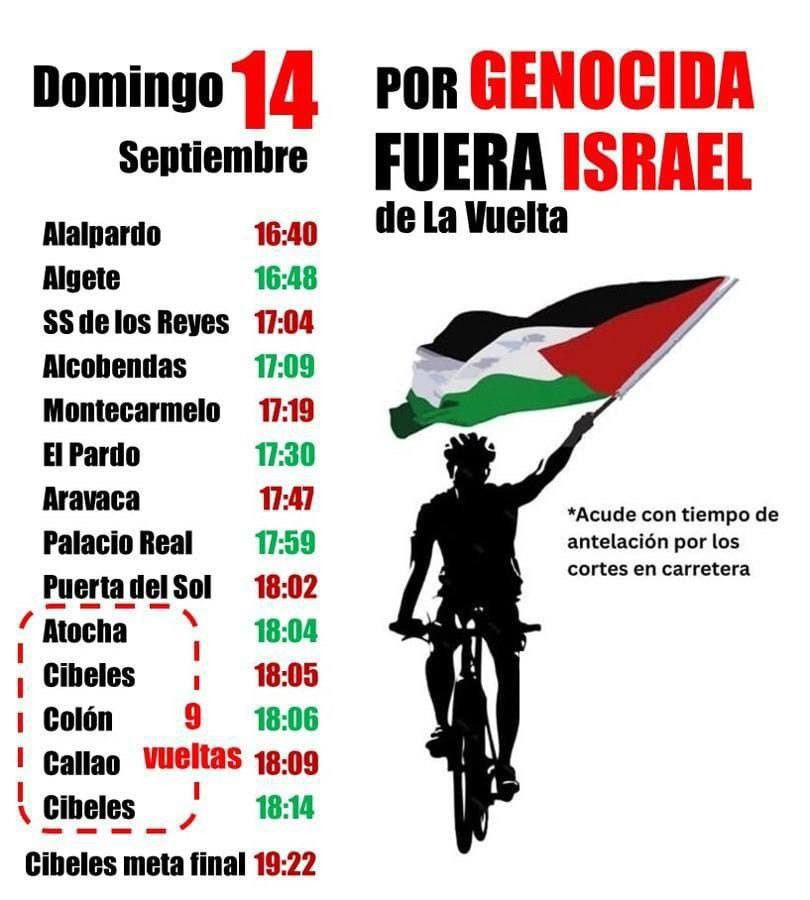 Un estado que comete un genocidio no debería tener representación en ningún ámbito ni lugar. ¡Israel fuera de nuestro deporte! 

Llenemos las calles de solidaridad con el pueblo palestino y por la ruptura de TODAS las relaciones con Israel.

Fuera <a href="/IsraelPremTech/">Israel – Premier Tech</a> de #LaVuelta25!