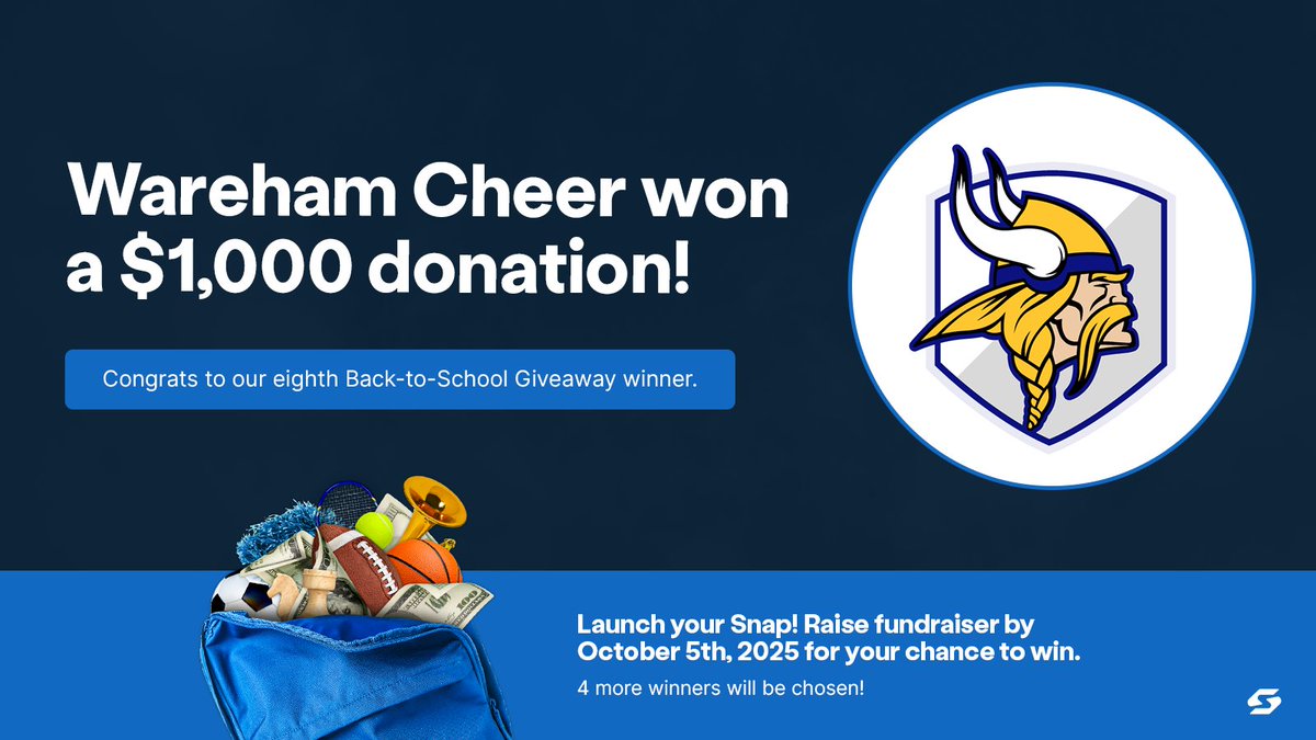 onsnapmobile's tweet photo. Congratulations to Wareham Cheer 2025, our 8th $1,000 donation winner. Check back every week to see who won and launch your back-to-school fundraising campaign by Oct. 5th for your chance to win: https://t.co/ruA6Ek2m5n https://t.co/6KnJwlAr0p