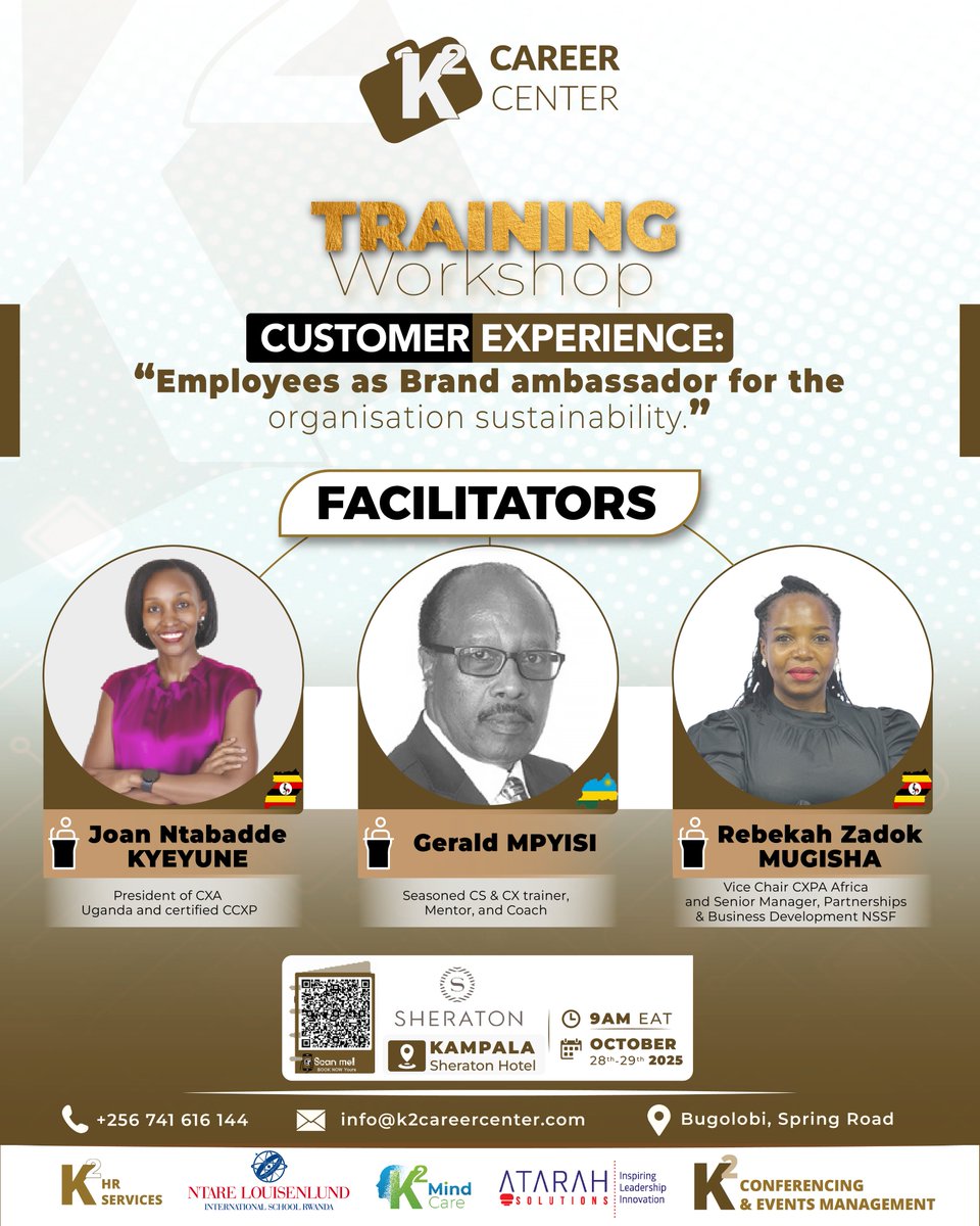 K2CareerCenter's tweet photo. Train your team to be brand ambassadors! Attend the 'Customer Experience' workshop Oct 28-29 at Sheraton Kampala. #CX #Training #EmployeeAdvocacy #K2hrservices #k2careercenter #k2groupug https://t.co/Kbqaxie3UO
