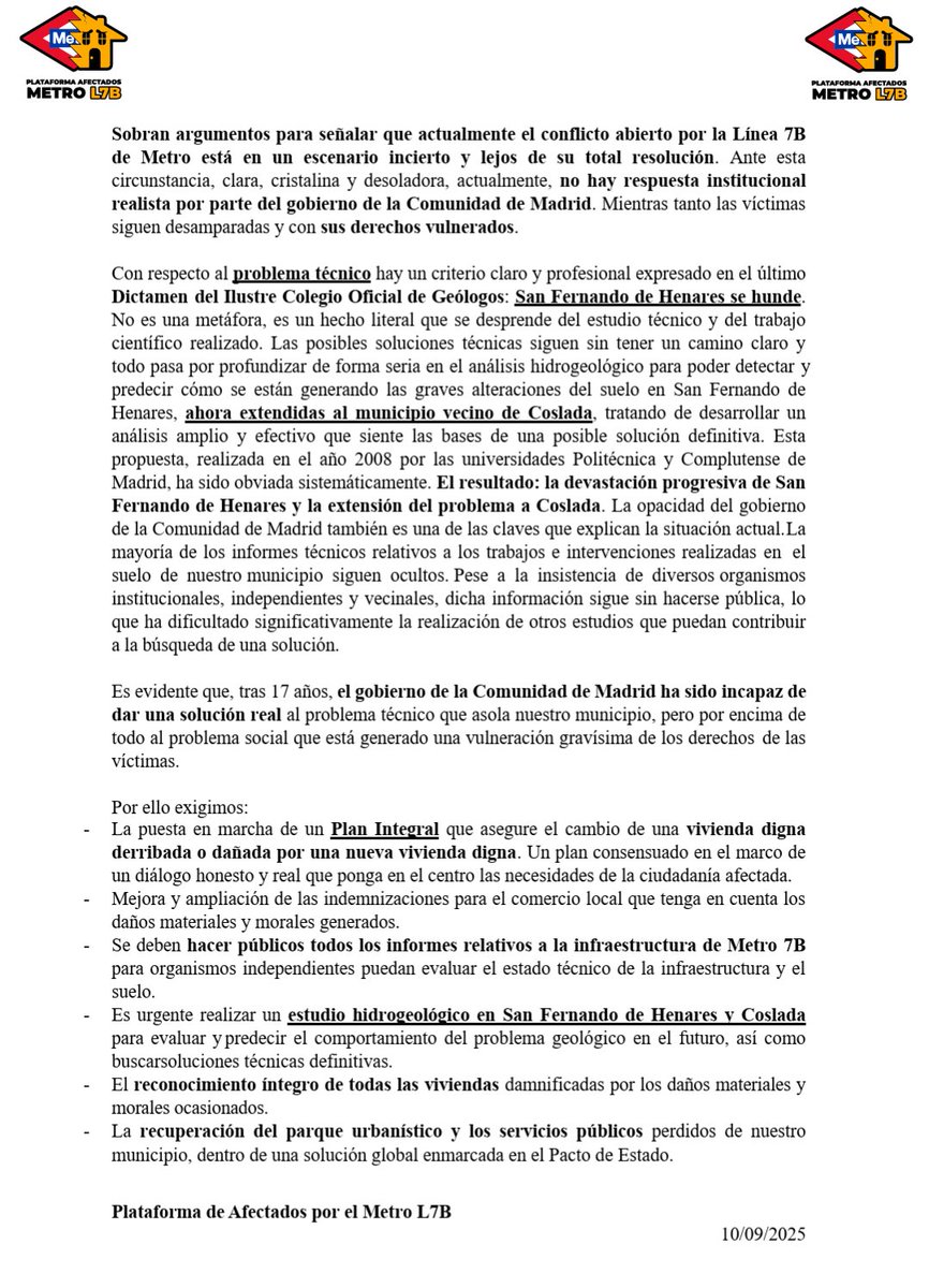 Plataforma Afectad@s Metro Línea 7b (@paml7b) on Twitter photo 🟠Respondemos a las palabras de <a href="/IdiazAyuso/">Isabel Díaz Ayuso</a> sobre la #Catástrofe generada en San Fernando de Henares y Coslada. 
El gobierno de la <a href="/ComunidadMadrid/">Comunidad de Madrid</a> se quiere volver a lavar las manos.
10 cierres de la línea 7B, 10 parches que no han servido para nada.
¡Exigimos  #SolucionesYA! 🟠Respondemos a las palabras de <a href="/IdiazAyuso/">Isabel Díaz Ayuso</a> sobre la #Catástrofe generada en San Fernando de Henares y Coslada. 
El gobierno de la <a href="/ComunidadMadrid/">Comunidad de Madrid</a> se quiere volver a lavar las manos.
10 cierres de la línea 7B, 10 parches que no han servido para nada.
¡Exigimos  #SolucionesYA!