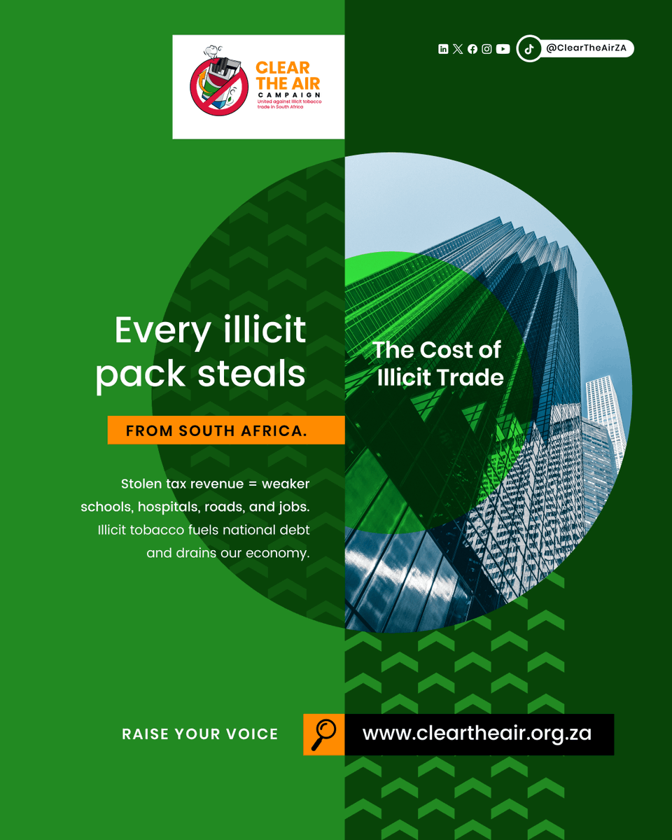 It’s time to take a stand. 
Add your voice to the call for action against illicit trade. 
Sign the petition today 👉 cleartheair.org.za/petition/end-i…

🚫Every illegal cigarette sold takes money away from South Africa’s future.

The illicit tobacco trade is not a victimless crime, it