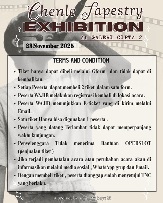 pretty_boys22's tweet image. Hello Besty Tapestry 🙌🏻

Ticket is Already Out Now!!
Chenle Tapestry 24th Birthday Exhibition 
Presented by @Pretty_boys22

🗓️ 23 November 2025
📍 Galeri Cipta 2, Taman Ismail Marzuki (TIM)
🕰️ 10.00 - 17.00 (Available 3 Sessions)
💵 150k (inc tix exhibition &amp;amp; exclusive merch)…