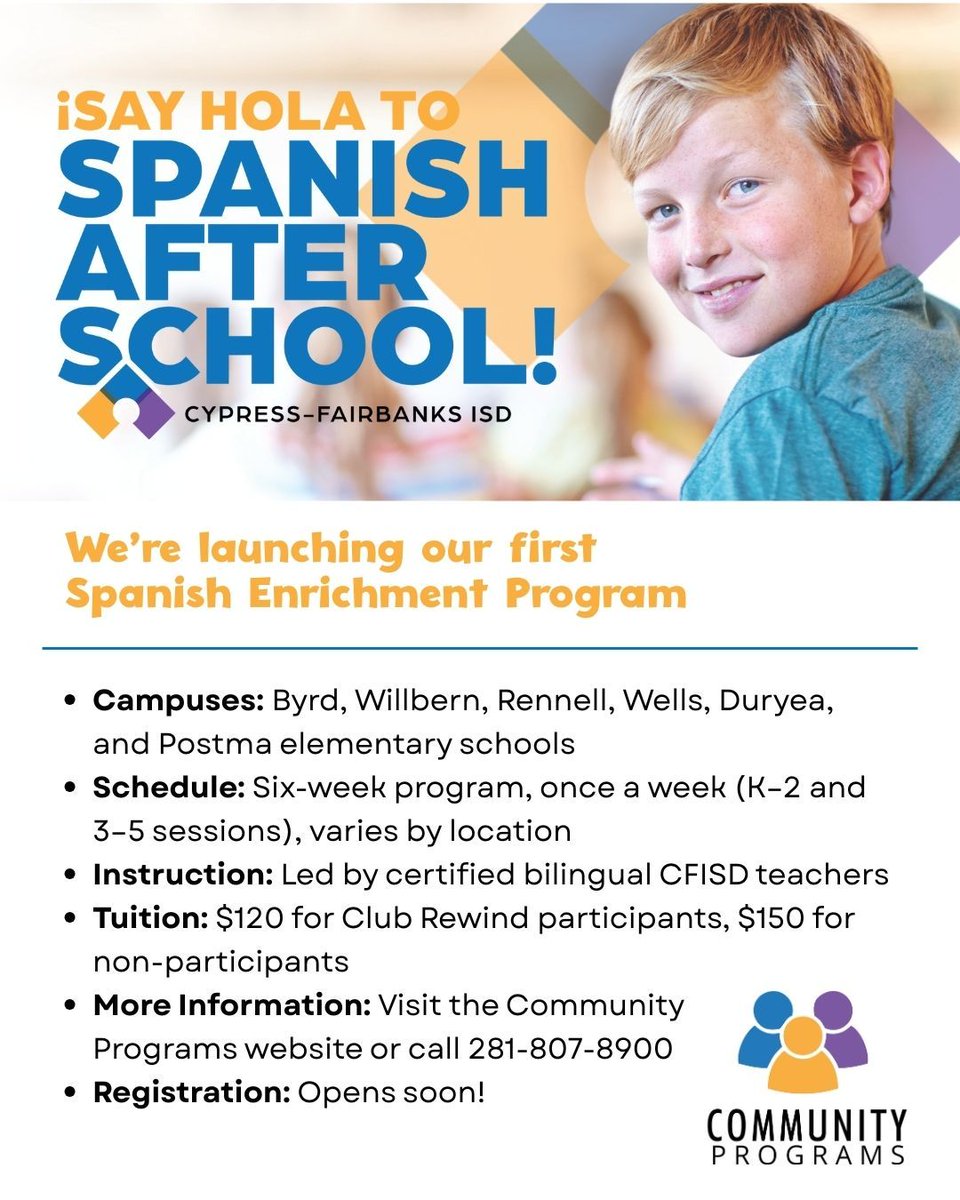 The <a href="/CFISDCOMMPROG/">CFISD COMMUNITY PROGRAMS</a> Spanish Enrichment Program is launching this fall at six elementary schools! Learn Spanish after school with a certified CFISD bilingual teacher. Learn more: buff.ly/jIRwvh2 #CFISDspirit #ChooseCFISD