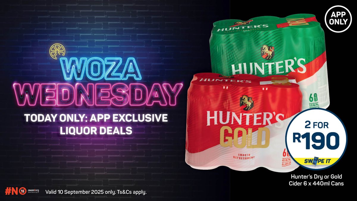 Buy 2 x Hunter’s Dry or Gold 6 x 440ml Cans for ONLY R190! 

Head over to the app NOW! 📲

Valid 10 September 2025 only. Ts&amp;Cs apply. 🔞

#WozaWednesday #AppOnly