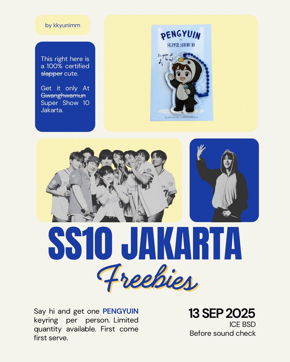 Freebies SS10 in Jakarta by me!

🐧 Pengyuin keyring
📍 ICE BSD
⏰ Before sound check 😹

Will also bring some stickers to share. See you on Sat!♡