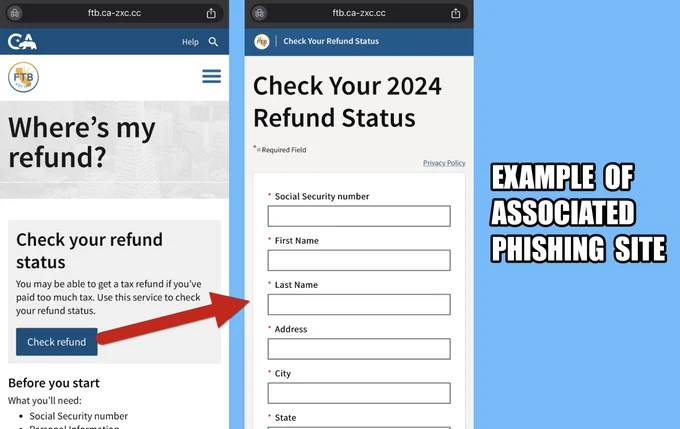 Example of associated phishing site. Screenshot of a phishing website impersonating the official California Franchise Tax Board site, displaying a form requesting sensitive information such as Social Security number and last name.