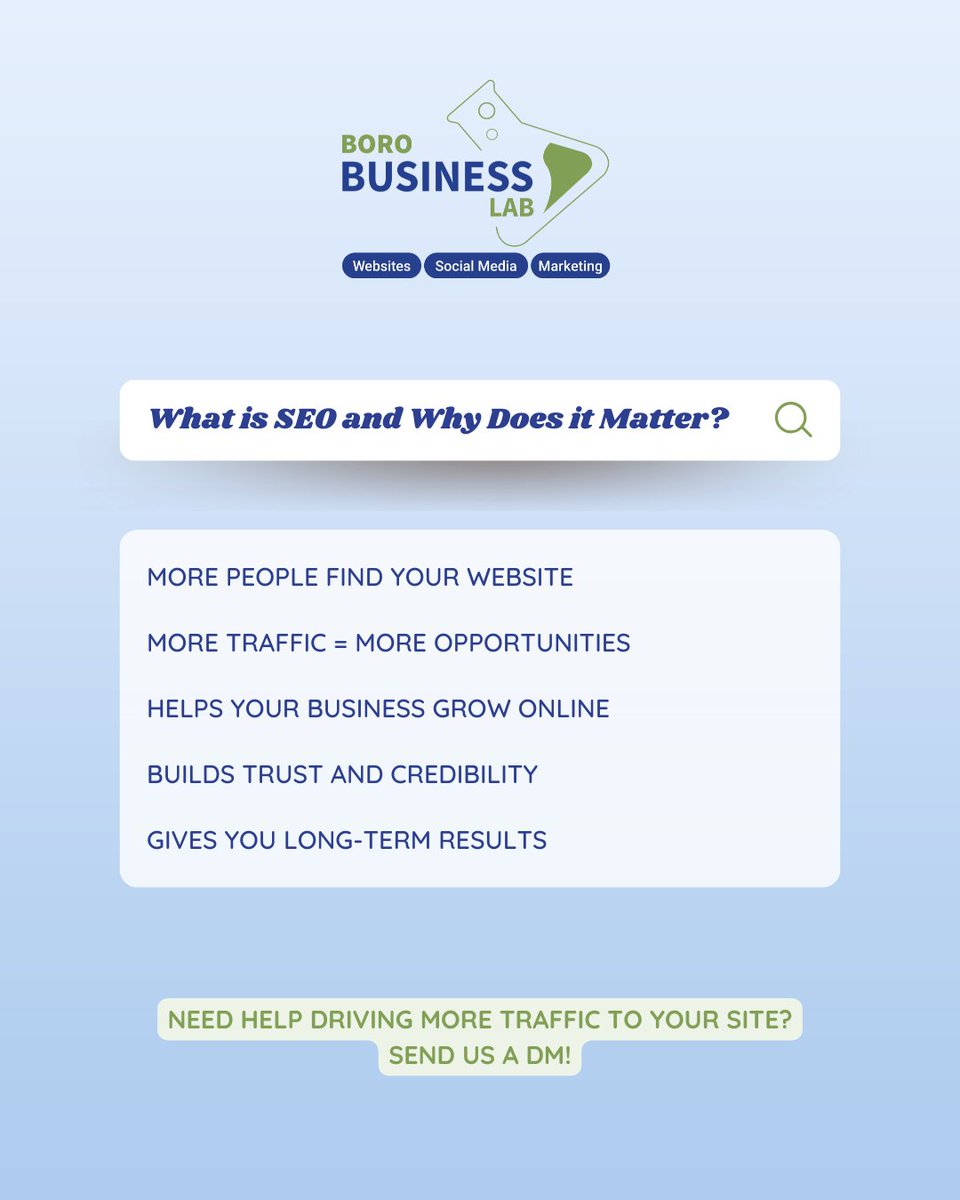 BoroBusinessLab's tweet photo. Wondering what SEO actually is and why it’s so important? SEO (Search Engine Optimization) is how your website gets noticed on Google. The better your SEO, the more people find you and that means more traffic, leads, and growth! 

Curious to see how SEO can boost your business? D https://t.co/oyGXG67ev7