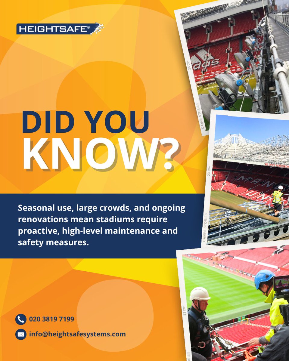 Heightsafe's tweet photo. 🏟️ Heightsafe provides specialist, non-disruptive stadium maintenance across the UK, from roof access systems to compliance testing, cleaning, and repairs. 

Keep your stadium safe, compliant, and fully operational. 

📞 Contact us today!

https://t.co/FZprmVps0U https://t.co/Z2c7ey6sRH