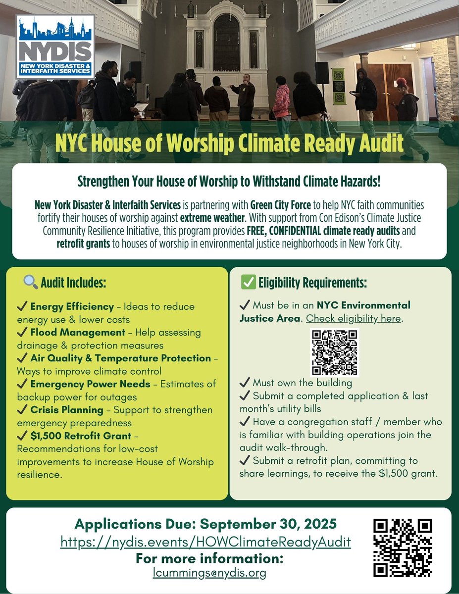Apply NOW! Free NYC House of Worship audits and Climate Retrofit Grants.
ow.ly/ftXj50WU7lC