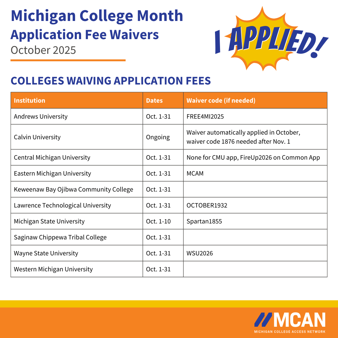 MICollegeAccess's tweet photo. Back by popular demand, we've put together a list of institutions that are waiving their application fees in October, as well as colleges and universities that never have an application fee. The countdown to Michigan College Month is officially on! https://t.co/JXBEgzvHSH https://t.co/lnvNtA1eoa
