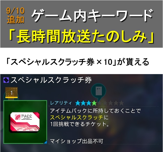 9/10追加のゲーム内キーワード「長時間放送たのしみ」で、スペシャルスクラッチ券×10が貰えます！

忘れずに！

サイトTOPページに楽にコピー出来るボタンあるので活用ください
#PSO2NGS #NGS