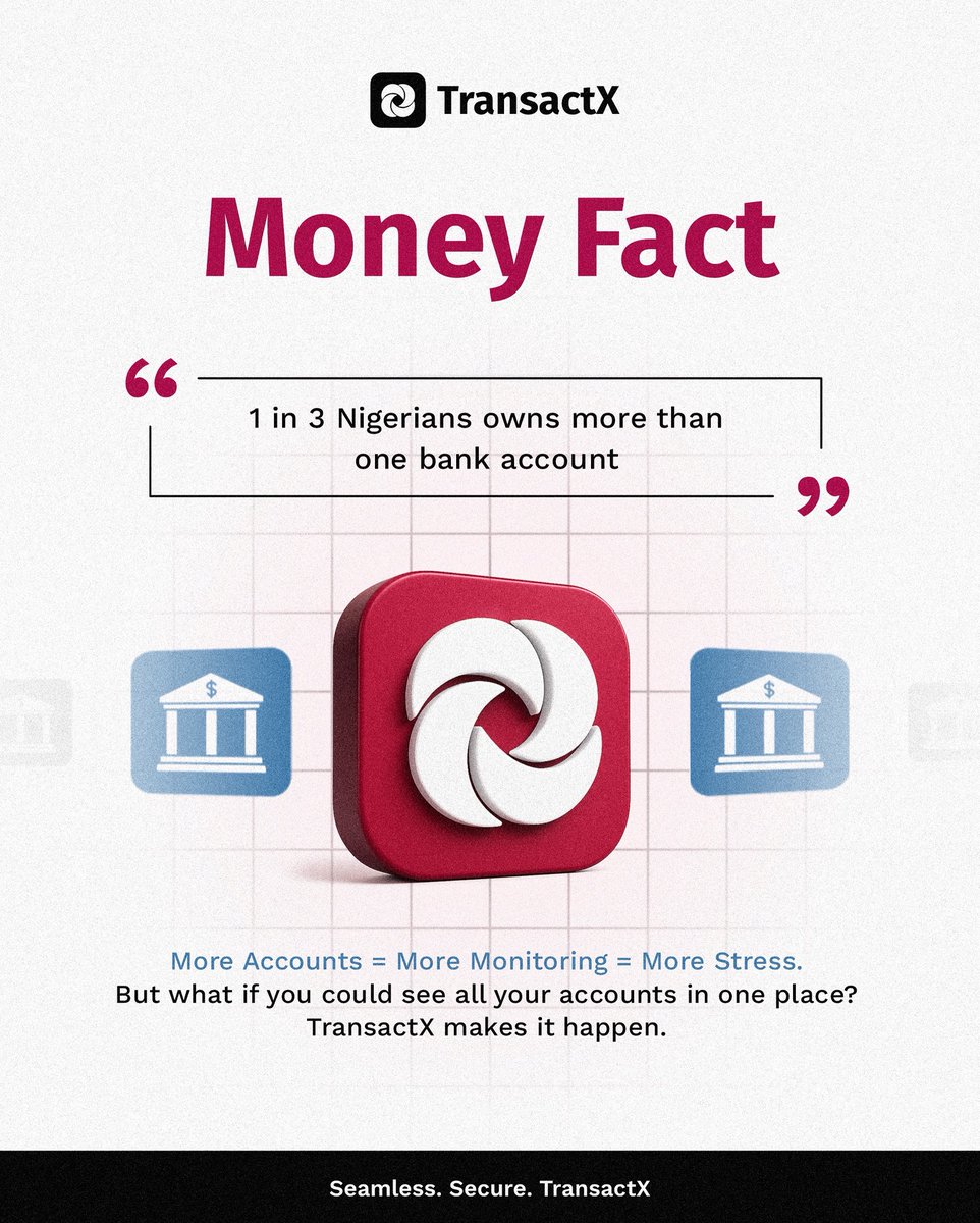 mytransactx's tweet photo. 1 in 3 Nigerians own more than one bank account. But juggling 3+ apps = more stress, less clarity.
That’s why we’re building TransactX → one dashboard, every account. 👀 Coming soon.
 #Fintech #Nigeria #TransactX https://t.co/Dn8xyw0pwD