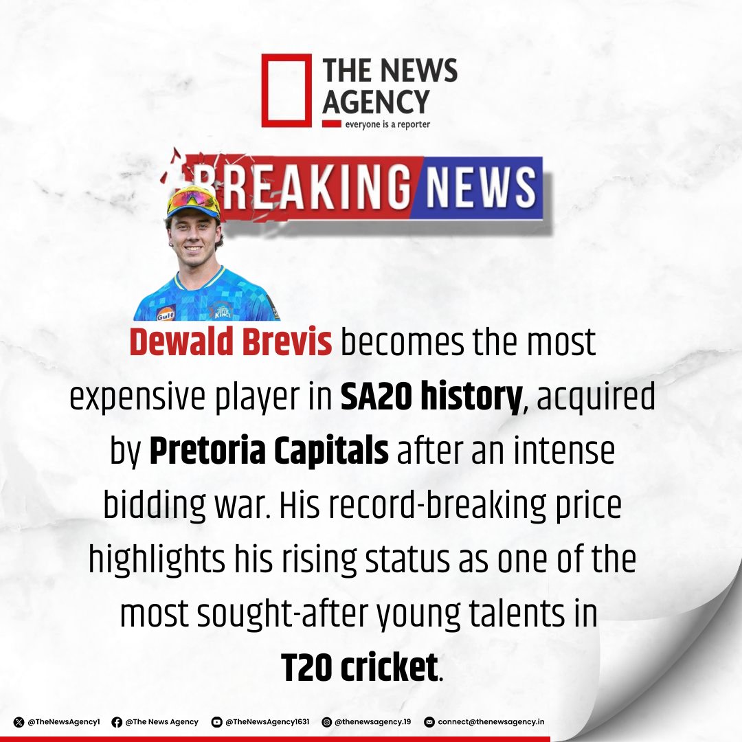 TheNewsAgency1's tweet photo. #DewaldBrevis 
#SA20Auction 
#MostExpensivePlayer
#T20Cricket @SouthAfricaCric 
#CricketAuction https://t.co/dkTn1ICgsU