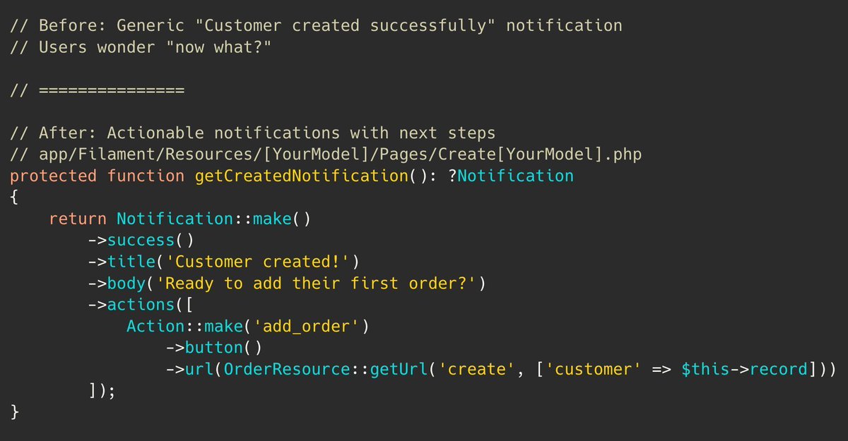 PovilasKorop's tweet image. Tip on @filamentphp.
Use `getCreatedNotification()` to provide meaningful feedback with actionable next steps for users.
Better UX than generic "Record created" - guide users to what they should do next.
Link to docs: filamentphp.com/docs/4.x/resou…
#practicalFilamentDocs