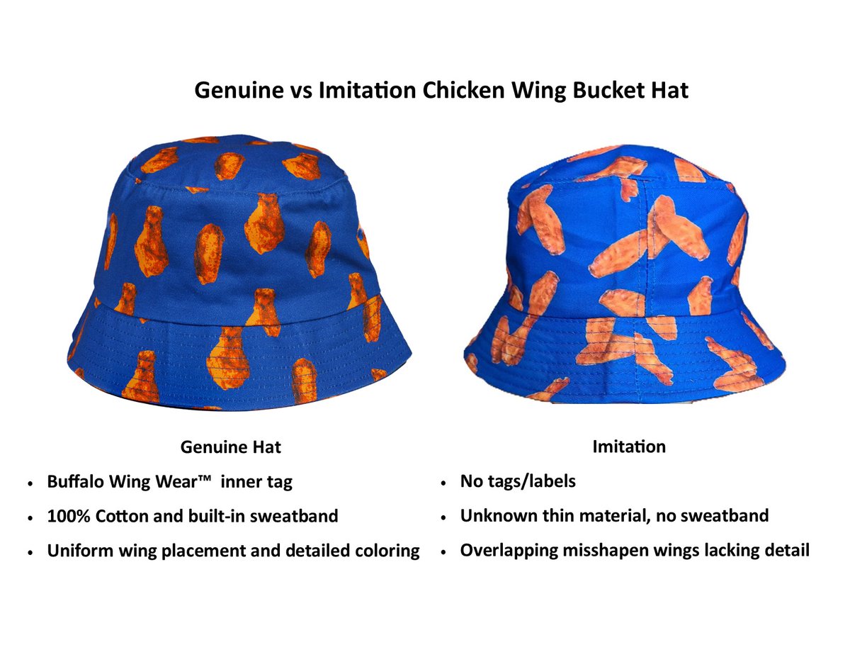 Someone has created a knock-off version of our original blue chicken wing bucket hat 😢To confirm it’s the authentic 2017 design, check for the Buffalo Wing Wear label inside. If you come across one of the imitations, I’d be grateful if you could let me know. Thank you! 🥰🍗👍