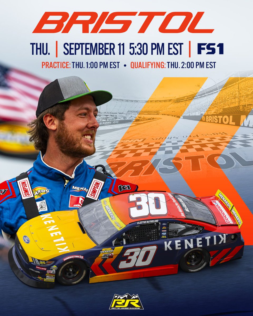 ☀️Wake Up, it's RACE DAY for the <a href="/ARCA_Racing/">ARCA Menards Series</a> Series 🏎️💨<a href="/ItsBristolBaby/">Bristol Motor Speedway</a>📍

Cleetus McFarland will make his short track debut in tonight's #BushBeans200 aboard the No. 30 <a href="/Kenetik/">Premium Brain Fuel</a>
Ford Mustang. 🏆

5:30p.m. — 📺FS1  — 
💻FOX Sports App 

#RetteJonesRacing 
#FordRacing #NASCAR