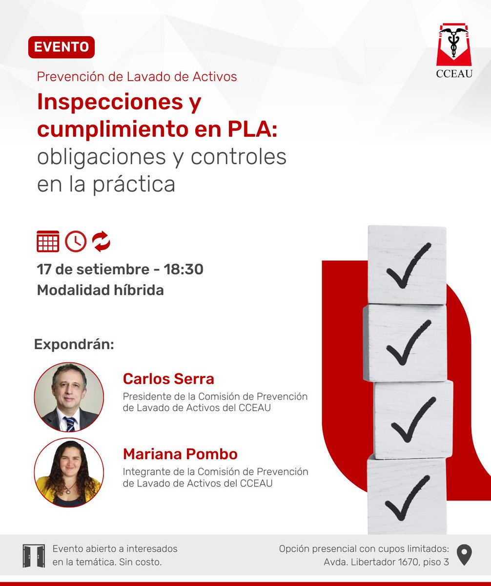 🔎 ¿Quiénes son los sujetos obligados en la Prevención de Lavado de Activos? 
📋 ¿Cómo se desarrollan las inspecciones de SENACLAFT? 
⚖️ ¿Qué implicancias tienen los controles y el Pronunciamiento 21? 

📍 El próximo 17 de setiembre a las 18:30 te invitamos a participar de este