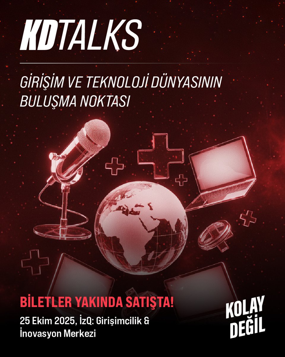 KD Talks için geri sayım başladı! ⌛️

Girişim ve teknoloji dünyasının buluşma noktası KD Talks 25 Ekim'de İzmir İzQ: Girişimcilik &amp; İnovasyon Merkezi'nde sizlerle. 🔥

Biletler, çok yakında satışa çıkacak. Detaylar için takipte kalın. 🎟️

#kolaydeğil #kdtalks